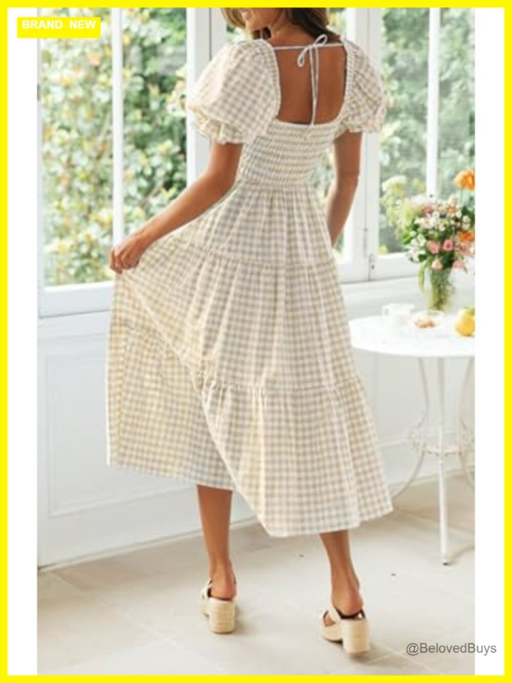 Boho Summer Midi Dress with Square Neck and Puff Sleeves - Picture 4 of 7